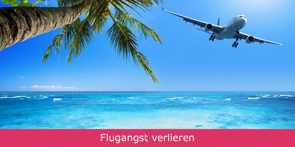 Flugzeug fliegt am Himmel in Nähe einer Insel mit Palmen.