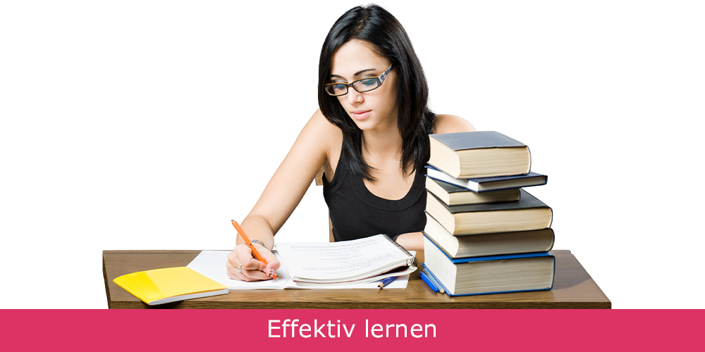 She is studying efficiently with a lot of books on her desk.